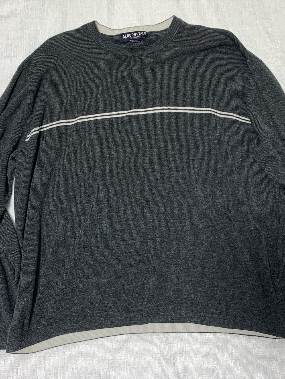 Aeropostale Men's Charcoal Gray Crewneck Sweater with Cream Stripe